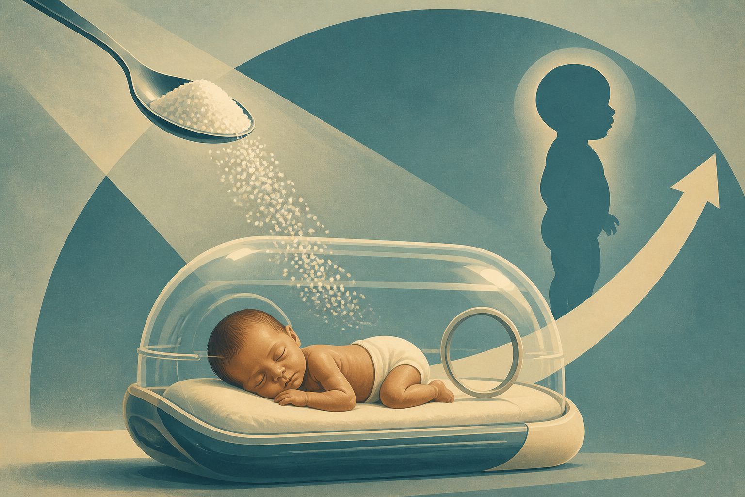 Abstract editorial illustration accompanying the article: Review finds sodium supplements linked with growth and less low sodium in preterm infants