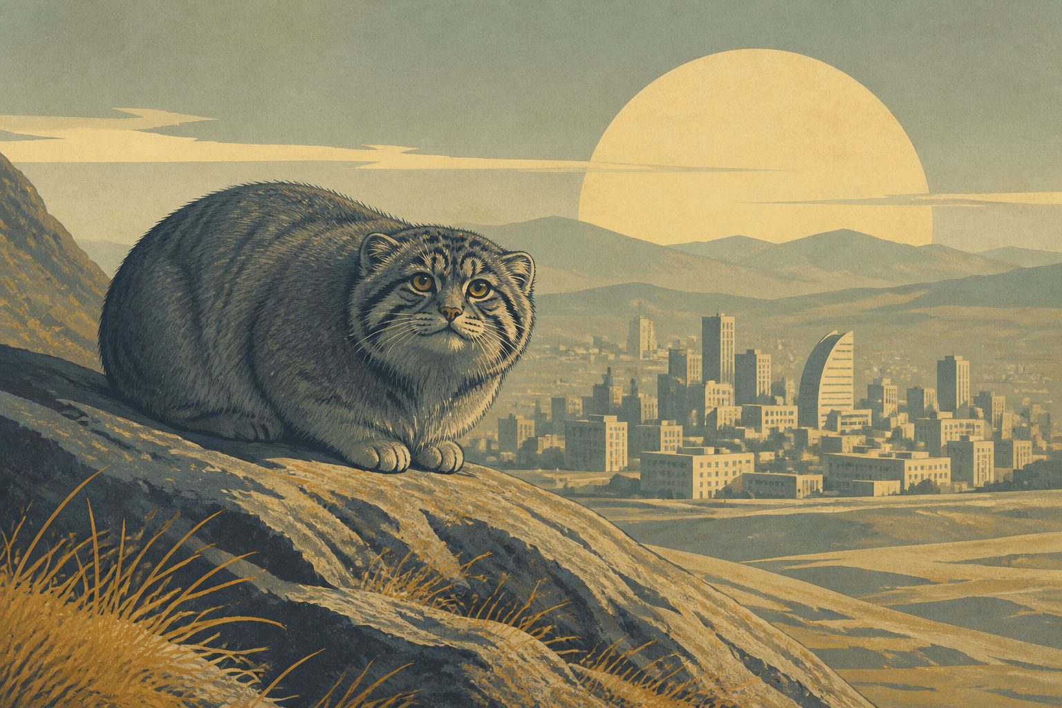 Abstract editorial illustration accompanying the article: Pallas’s cats persist near Mongolia’s capital despite human activity