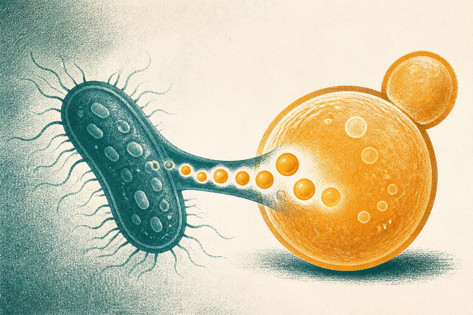 Abstract editorial illustration accompanying the article: Wolbachia bacteria let vitamin B2-deficient yeast grow without added vitamin B2