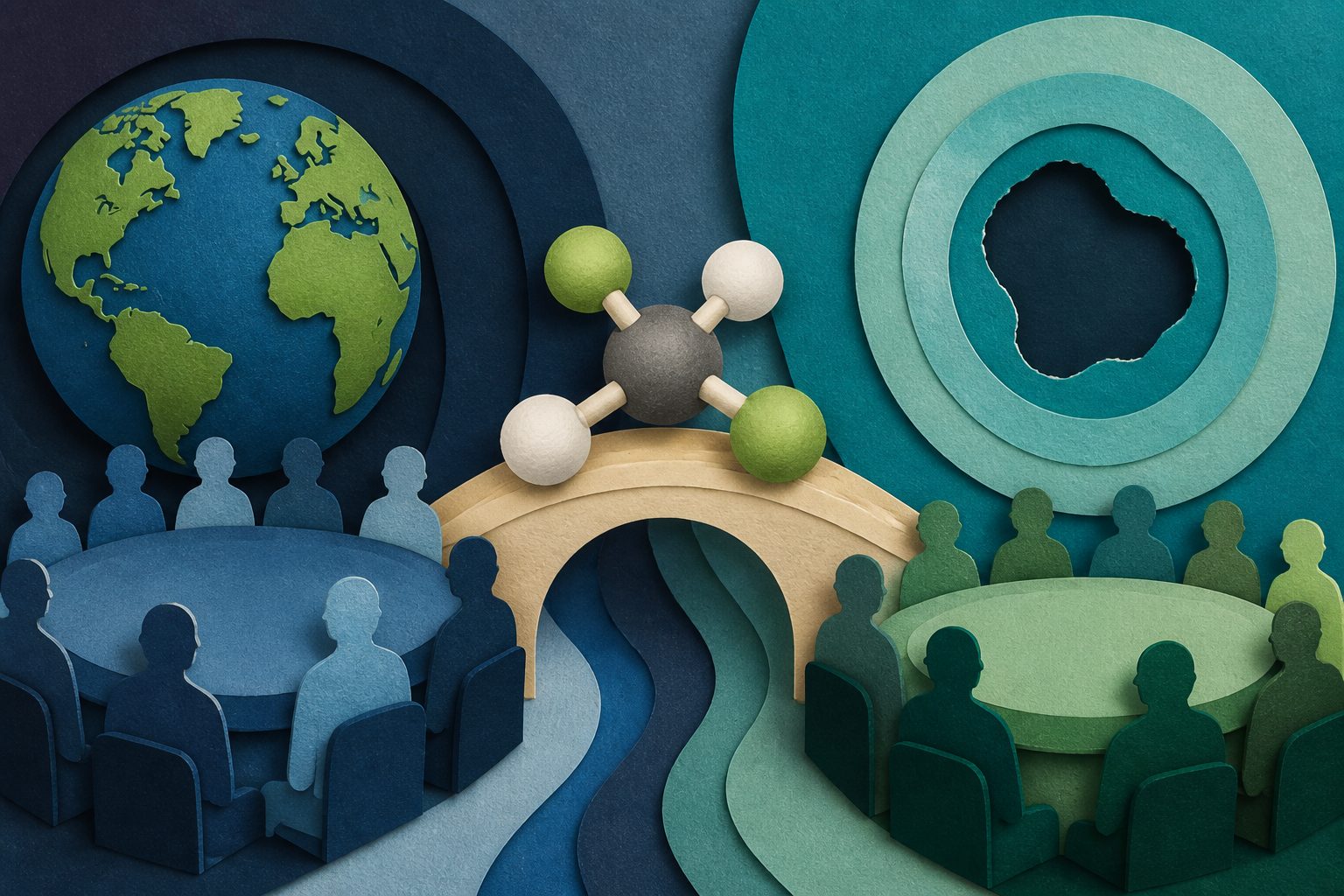Abstract editorial illustration accompanying the article: Why hydrofluorocarbon rules moved from the climate treaty to the ozone treaty