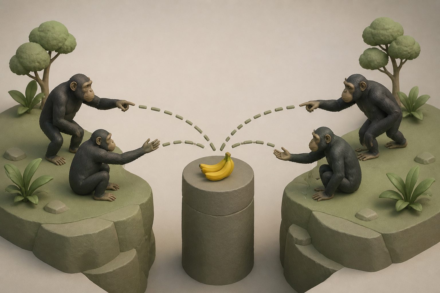 Abstract editorial illustration accompanying the article: Chimpanzee gestures may converge through shared goals, not just repeated use