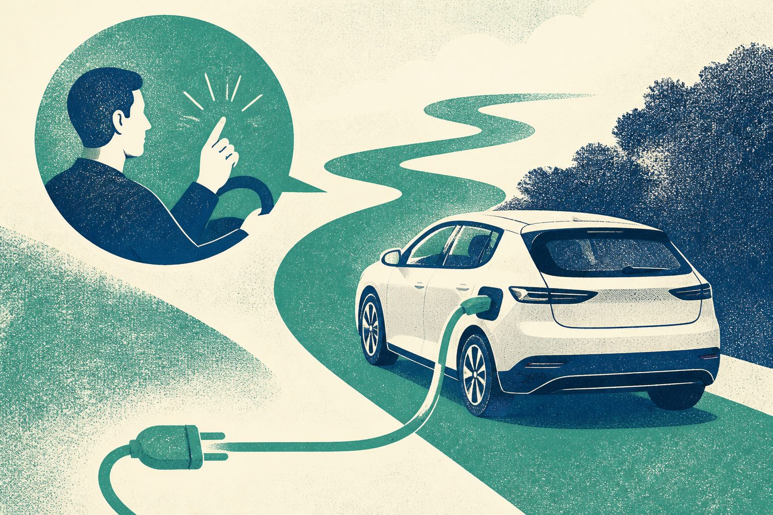 Abstract editorial illustration accompanying the article: Explanatory driving tips cut electric-car energy use by 11.3%