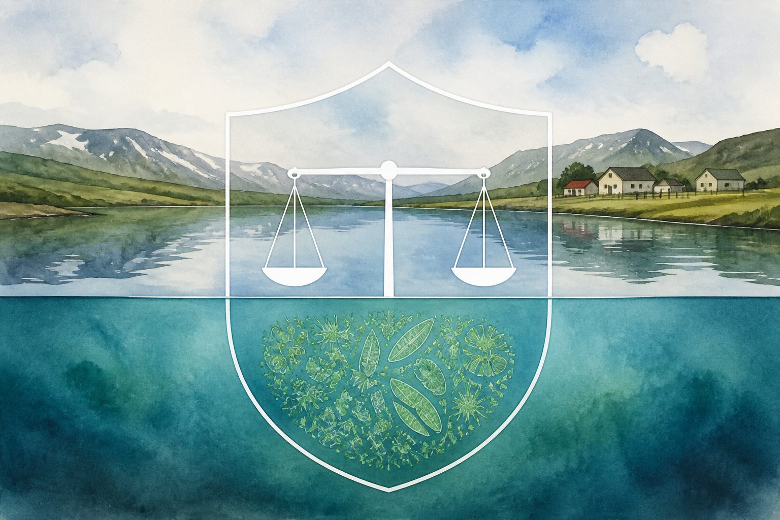 Abstract editorial illustration accompanying the article: Icelandic lake stayed stable through 200 years of farming, despite warning signs