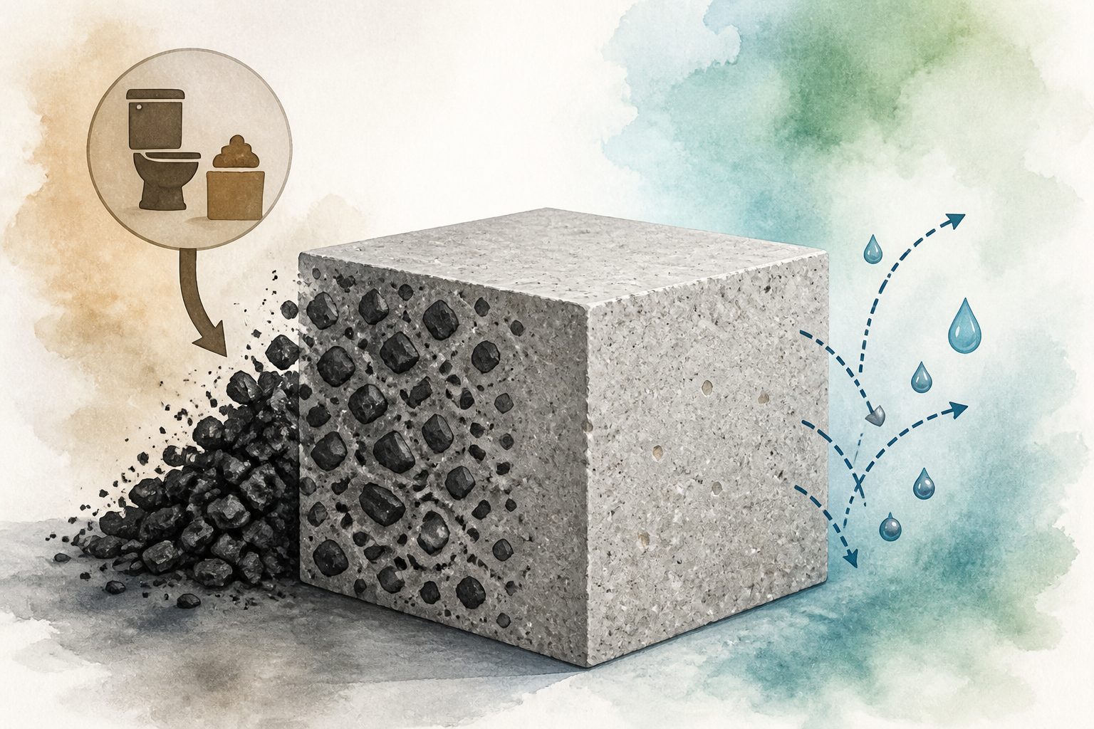 Abstract editorial illustration accompanying the article: Biochar made from human waste kept concrete stable and may cut metal leaching