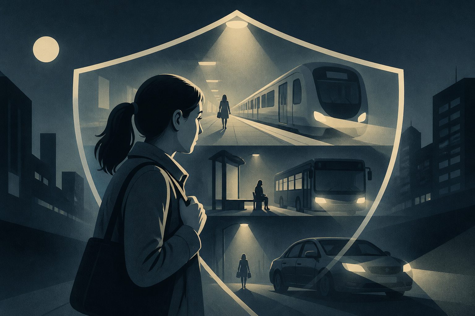 Abstract editorial illustration accompanying the article: Women felt unsafe across travel modes after dark, but few reported concerns