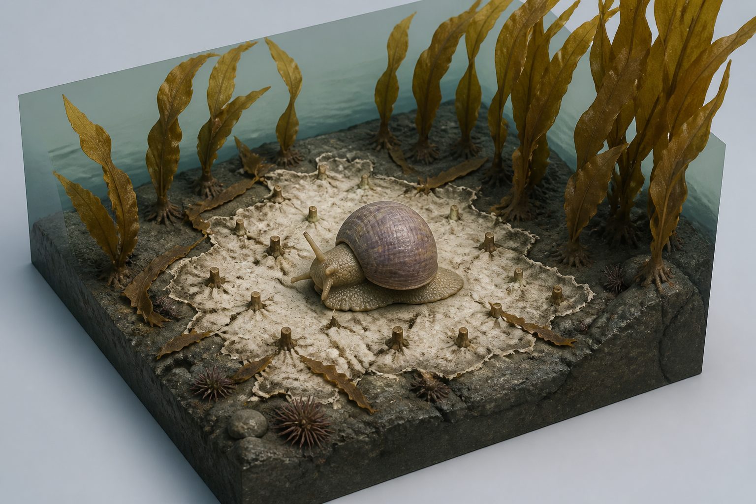 Abstract editorial illustration accompanying the article: A once-minor sea snail overgrazed patches of kelp in Tasmania