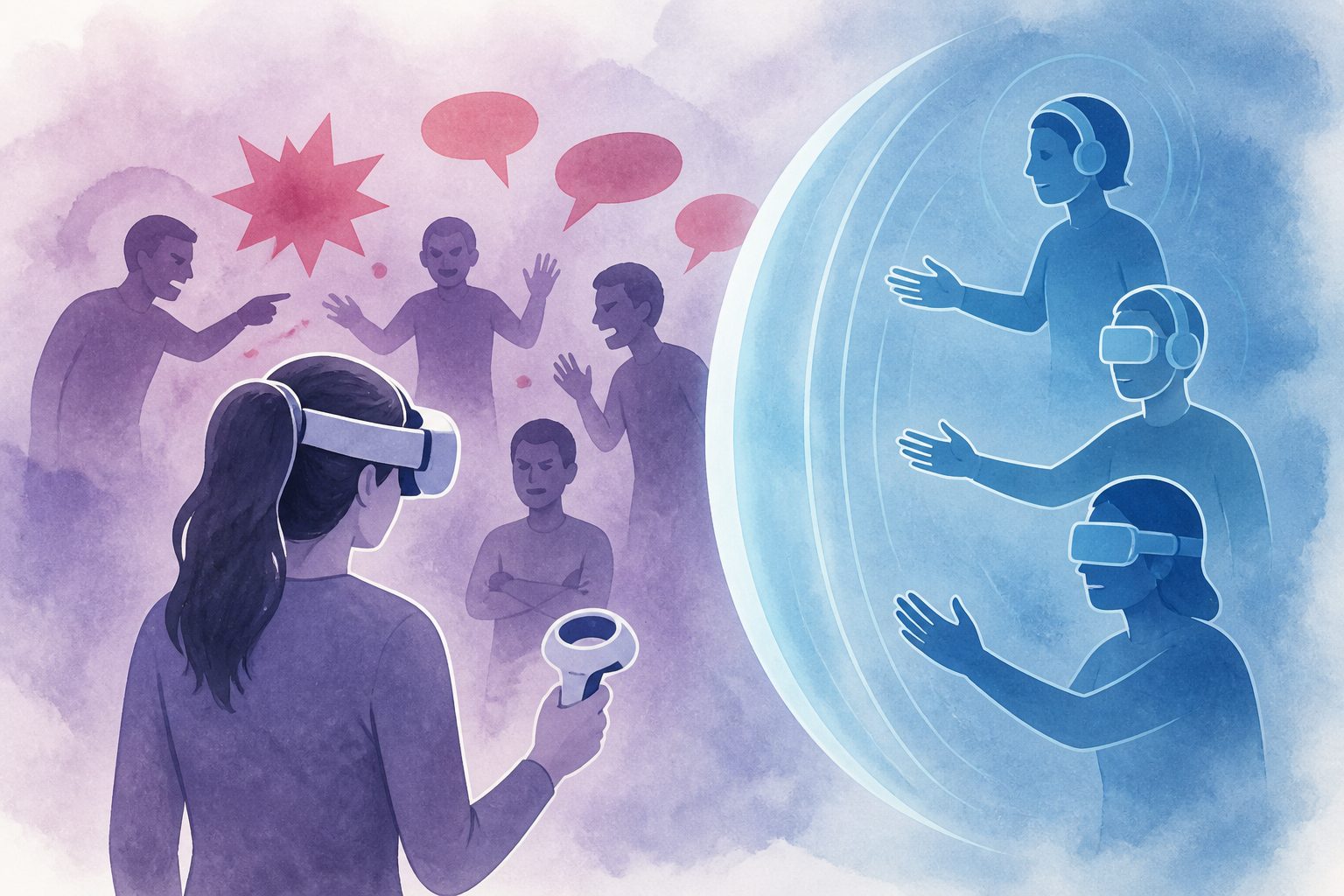Abstract editorial illustration accompanying the article: Study finds metaverse platforms rely on reactive responses to gendered harassment