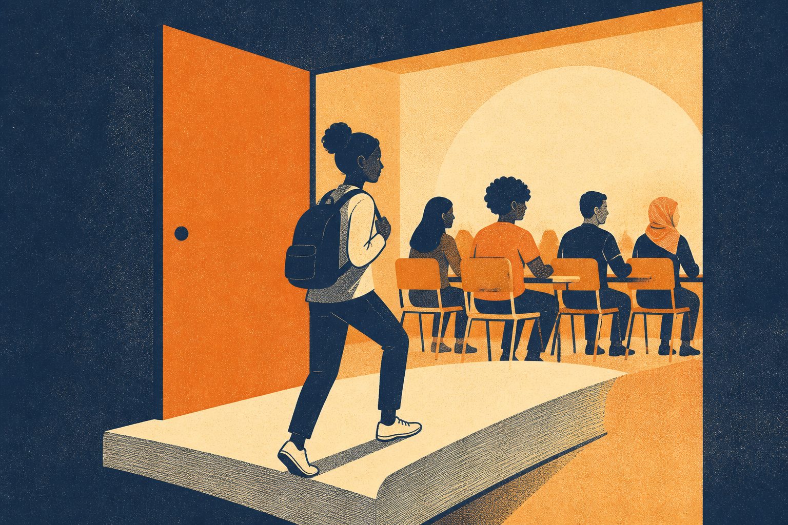 Abstract editorial illustration accompanying the article: More inclusive college courses raised marginalized students’ grades by over half a letter