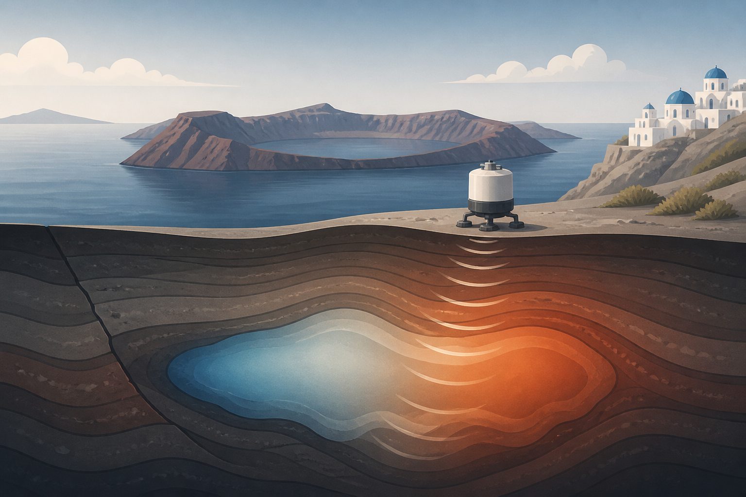 Abstract editorial illustration accompanying the article: Gravity readings point to changing underground mass during Santorini unrest