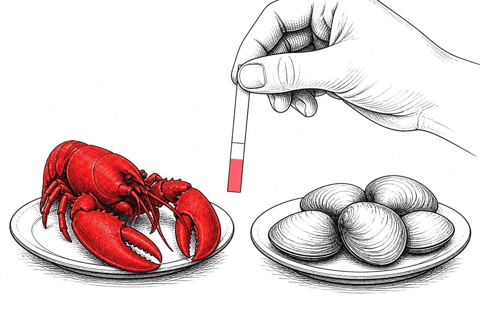 Abstract editorial illustration accompanying the article: Naked-eye DNA tests spot lobster and clam swaps in northern Spain