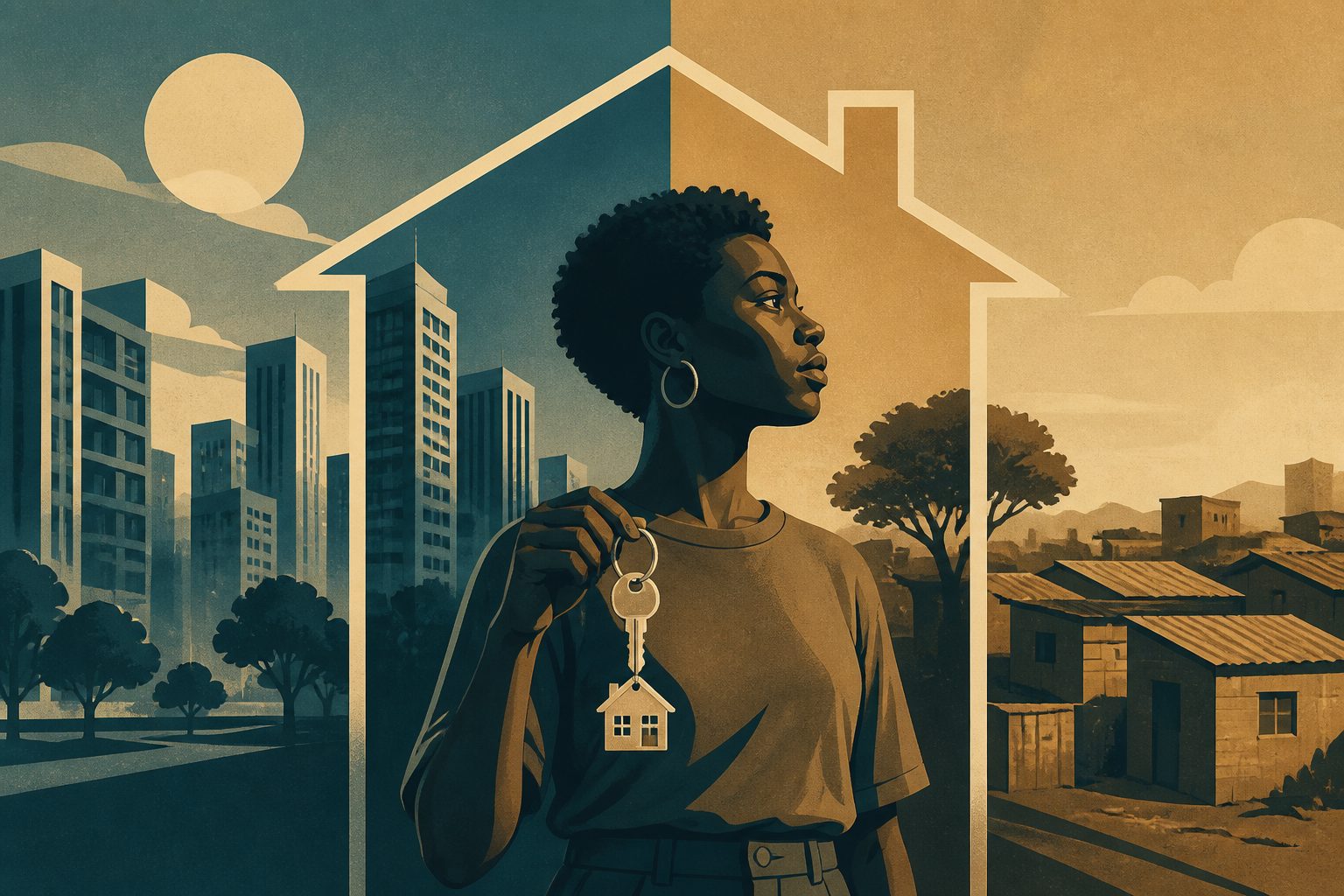 Abstract editorial illustration accompanying the article: In Ghana, younger adults are leading more households but renting more often