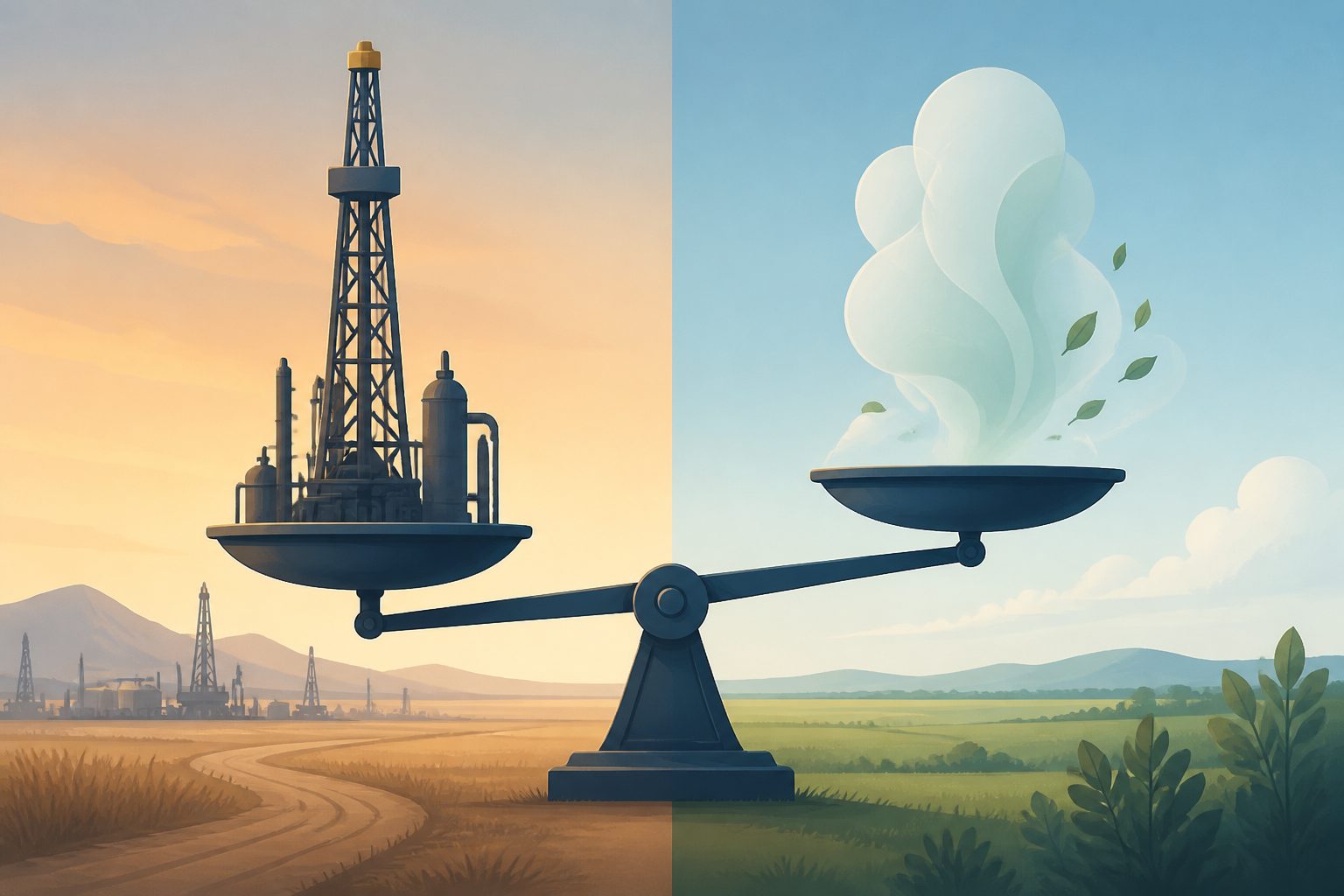 Abstract editorial illustration accompanying the article: Denver-Julesburg gas production rose 73.9% as ethane emissions fell 63.6%