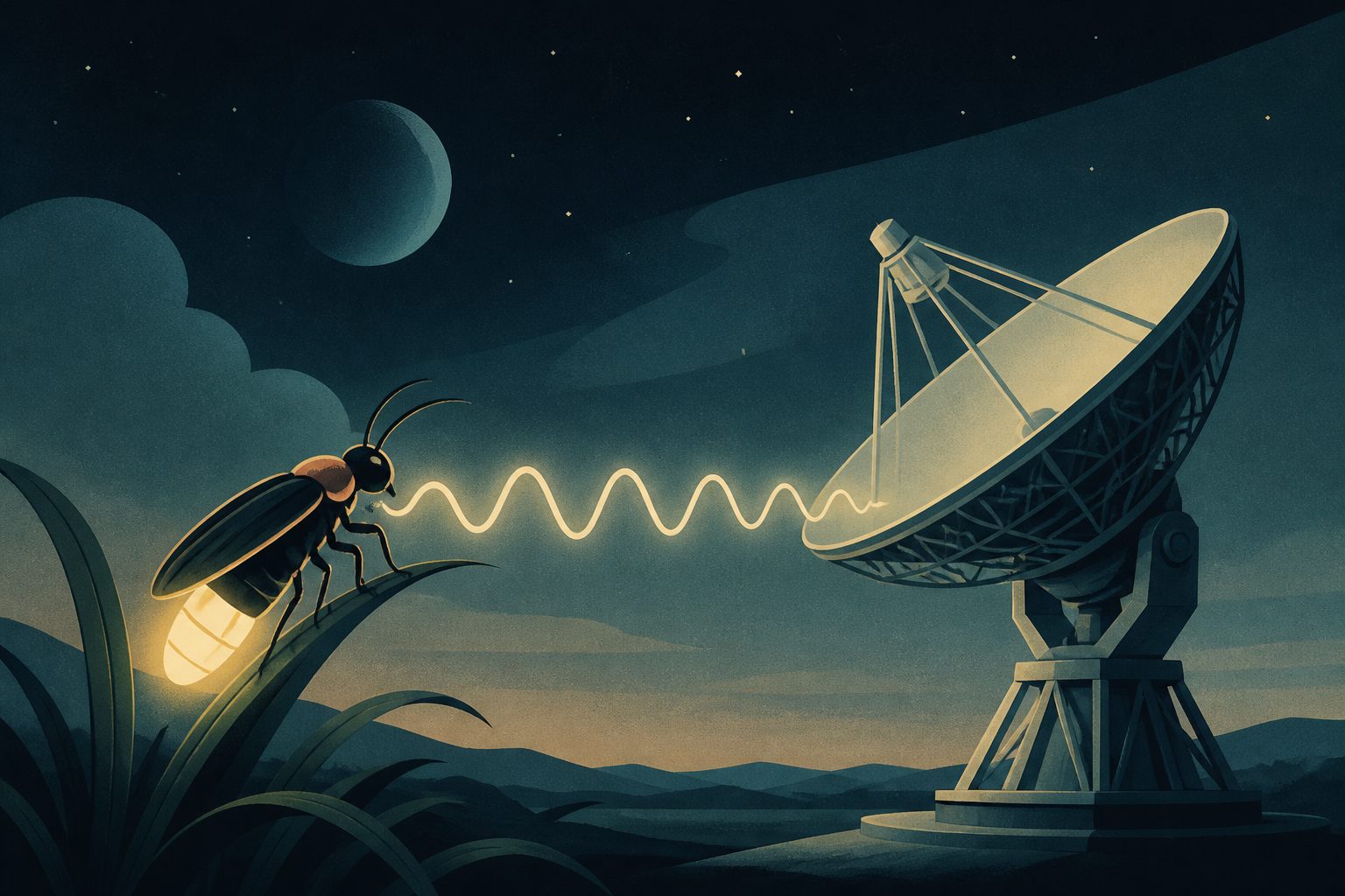 Abstract editorial illustration accompanying the article: Fireflies suggest how to spot alien signals without decoding them