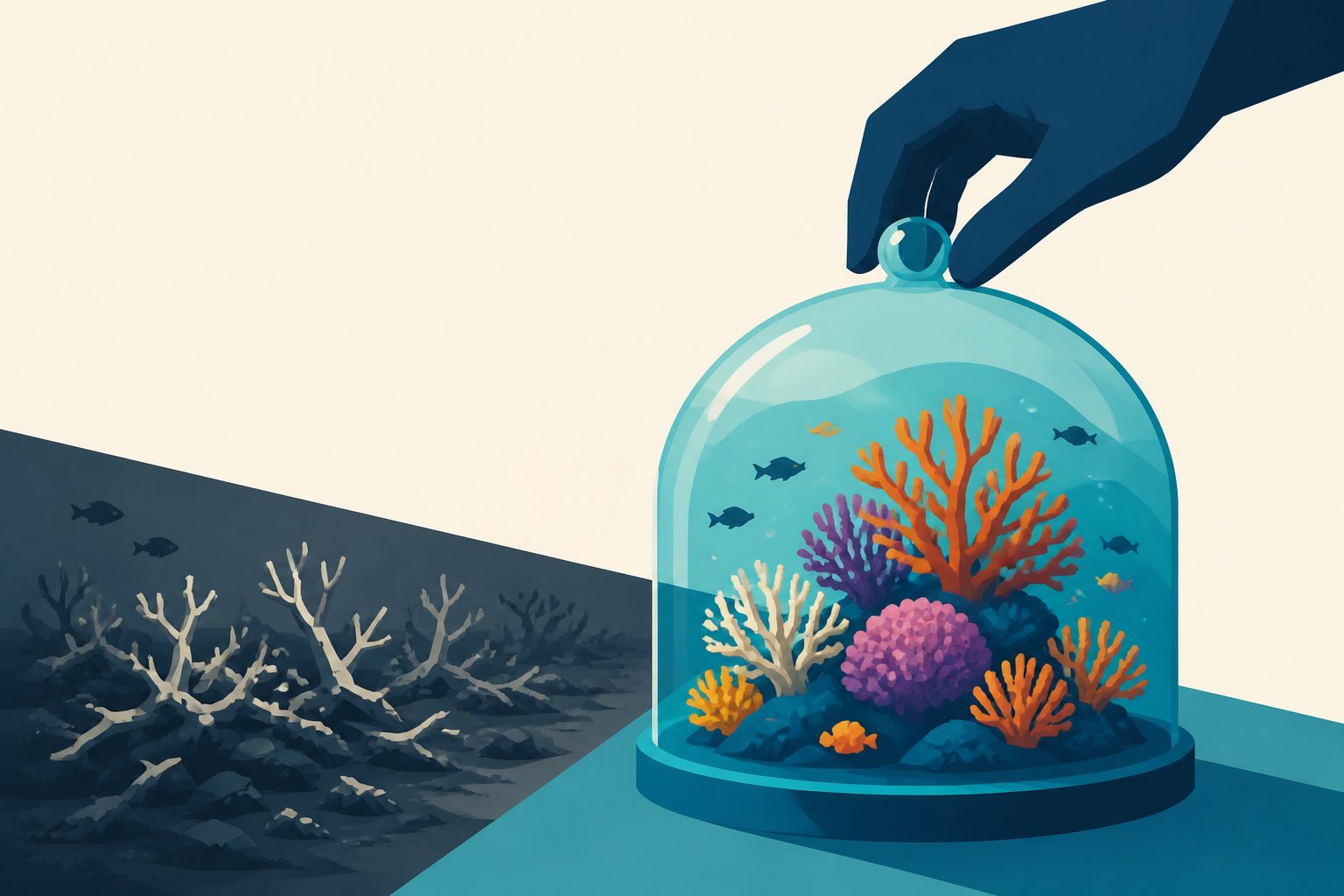 Abstract editorial illustration accompanying the article: A reef conservation framework calls for faster action and more funding