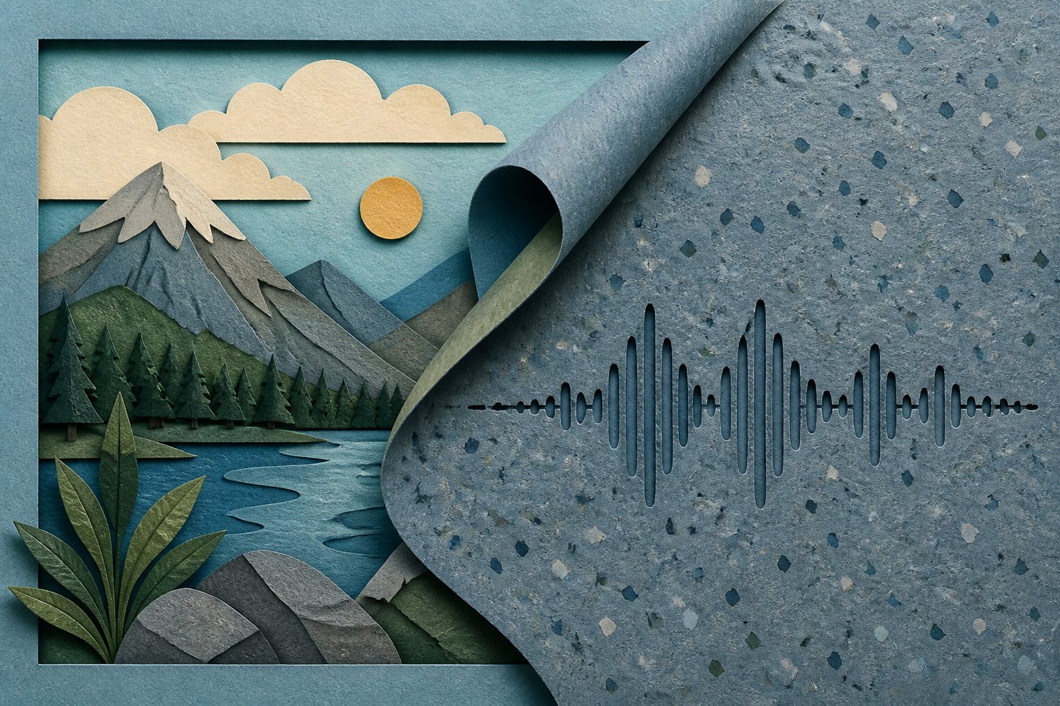 Abstract editorial illustration accompanying the article: Synthetic textures hide audio while preserving high visual quality
