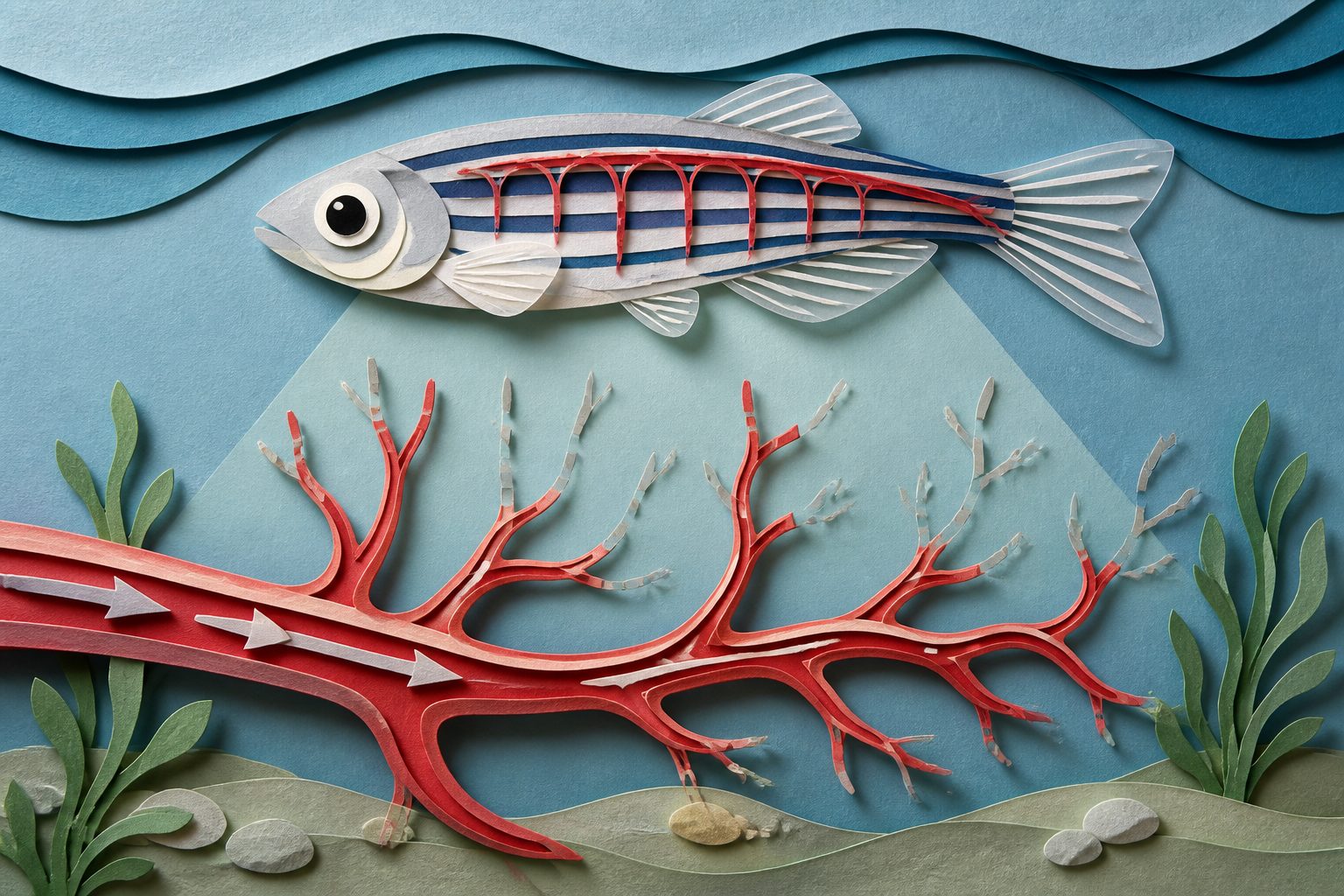 Abstract editorial illustration accompanying the article: Blood flow guides vessel growth and prunes unused sprouts in zebrafish
