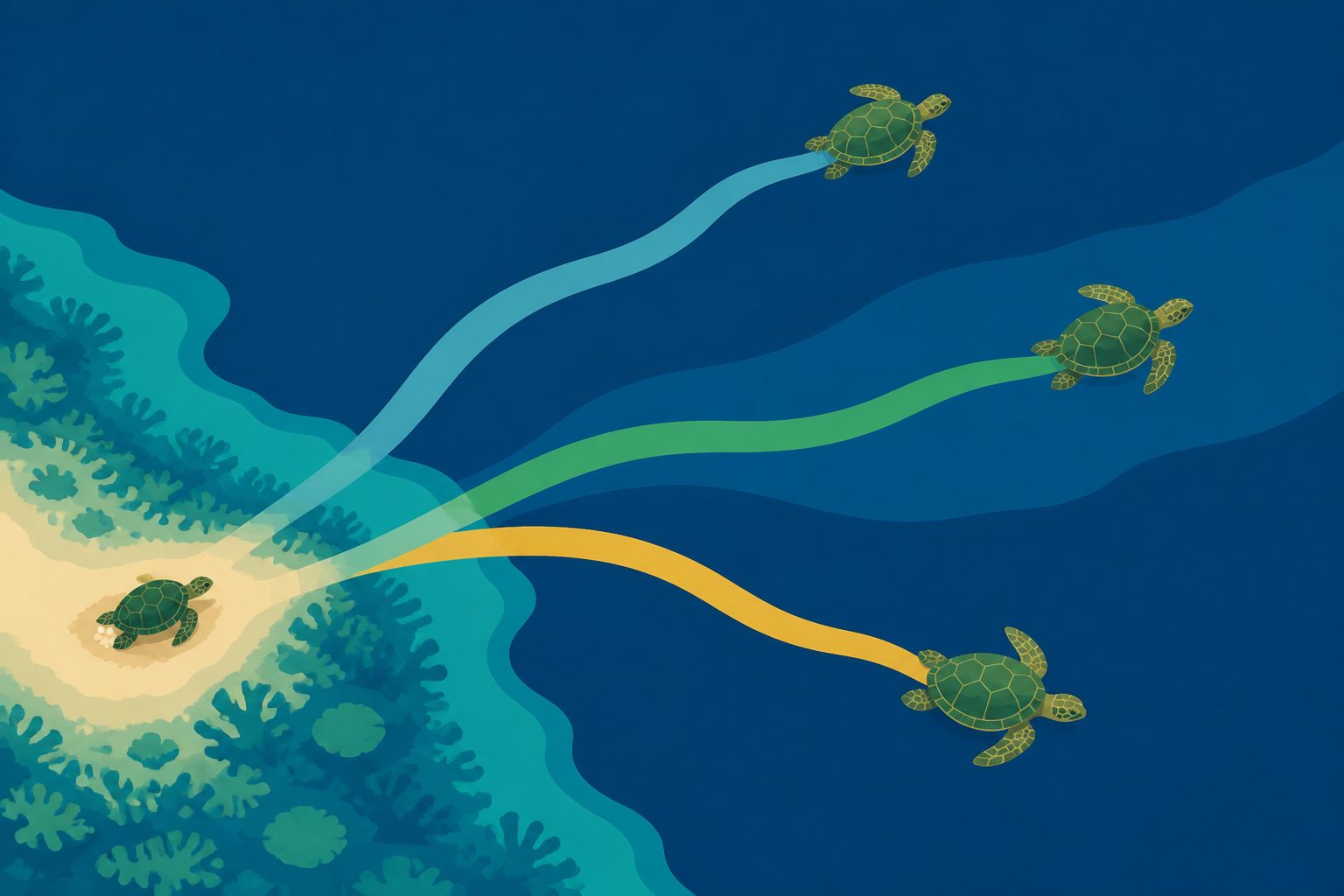 Abstract editorial illustration accompanying the article: Green turtles took varied routes between Great Barrier Reef nesting and feeding grounds