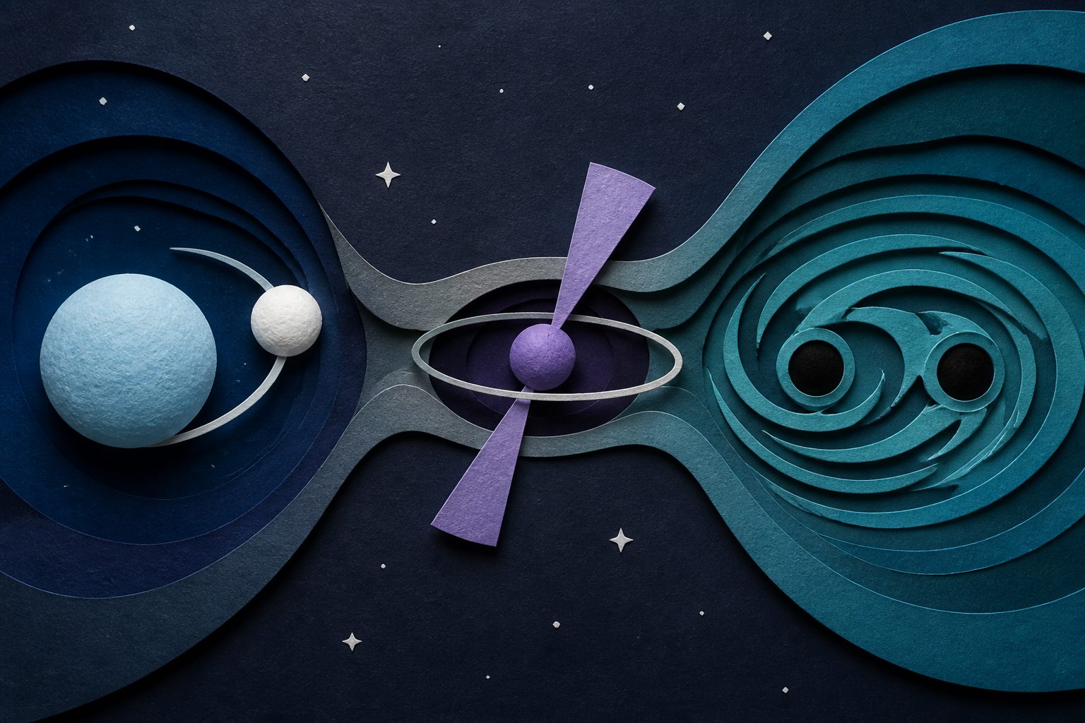 Abstract editorial illustration accompanying the article: A one-day neutron-star orbit may link two kinds of binary systems