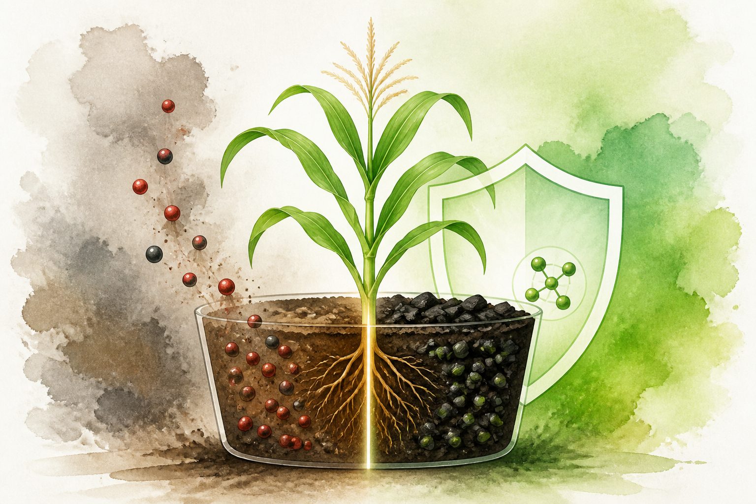 Abstract editorial illustration accompanying the article: Plants and treated biochar sharply cut heavy metals in maize pot study