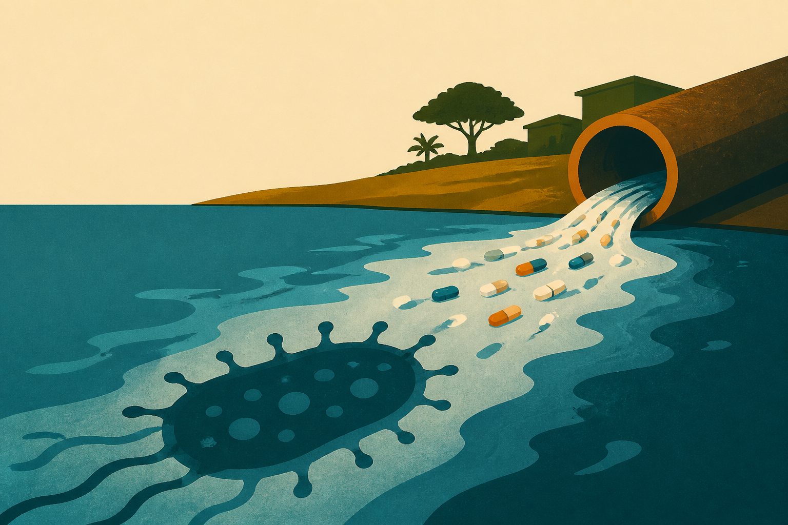 Abstract editorial illustration accompanying the article: Antibiotic residues in Ghana’s waters may help spread drug resistance