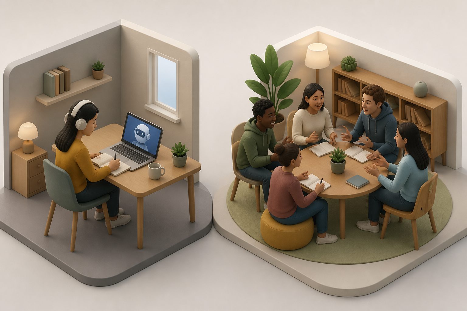 Abstract editorial illustration accompanying the article: Learning English online without AI was linked to more community engagement
