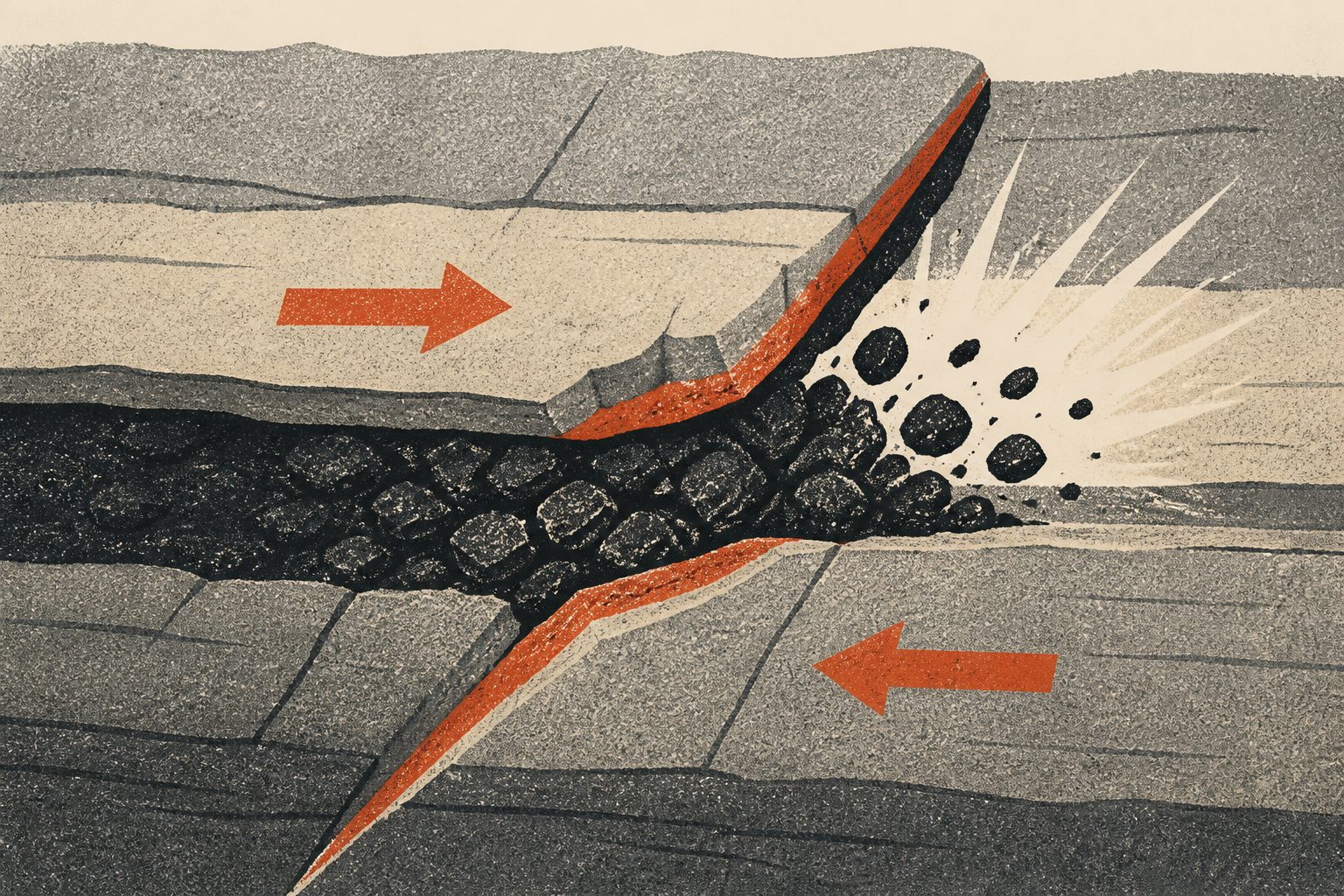 Abstract editorial illustration accompanying the article: Shifting fault segments can squeeze coal into bursts underground