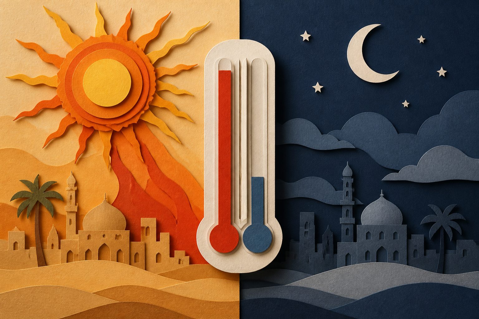 Abstract editorial illustration accompanying the article: Middle East heat extremes are projected to intensify more by day than by night
