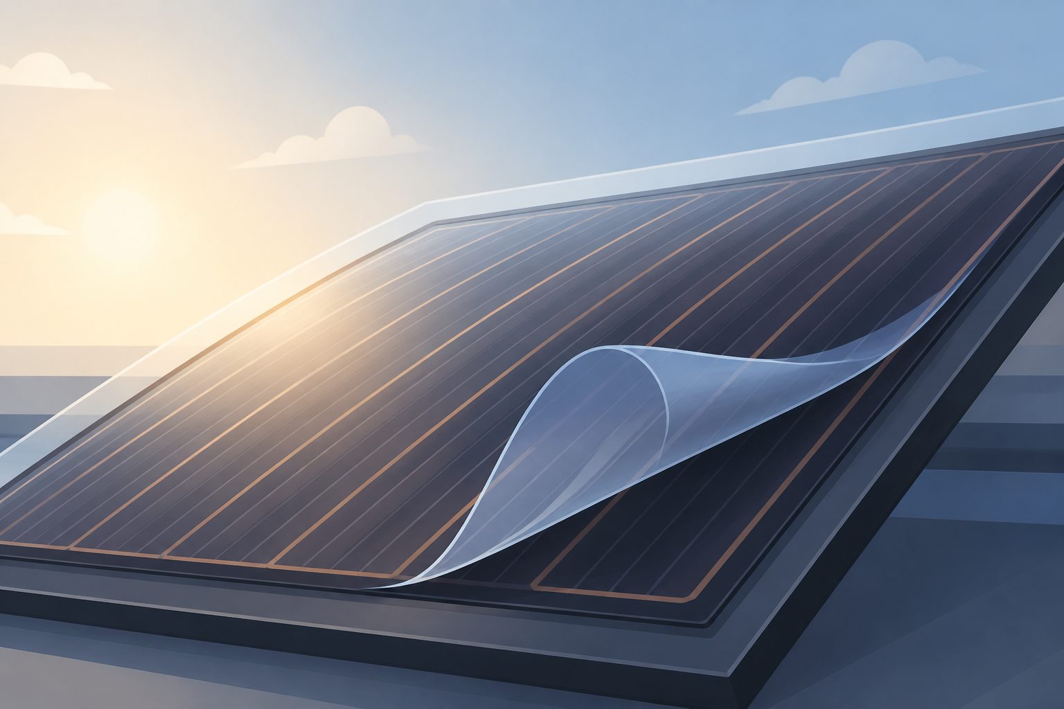 Abstract editorial illustration accompanying the article: A new coating helps large organic solar modules reach certified 16.1% efficiency