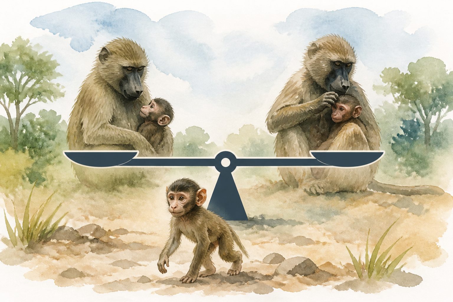 Abstract editorial illustration accompanying the article: In wild Guinea baboons, maternal style did not predict infant growth or survival