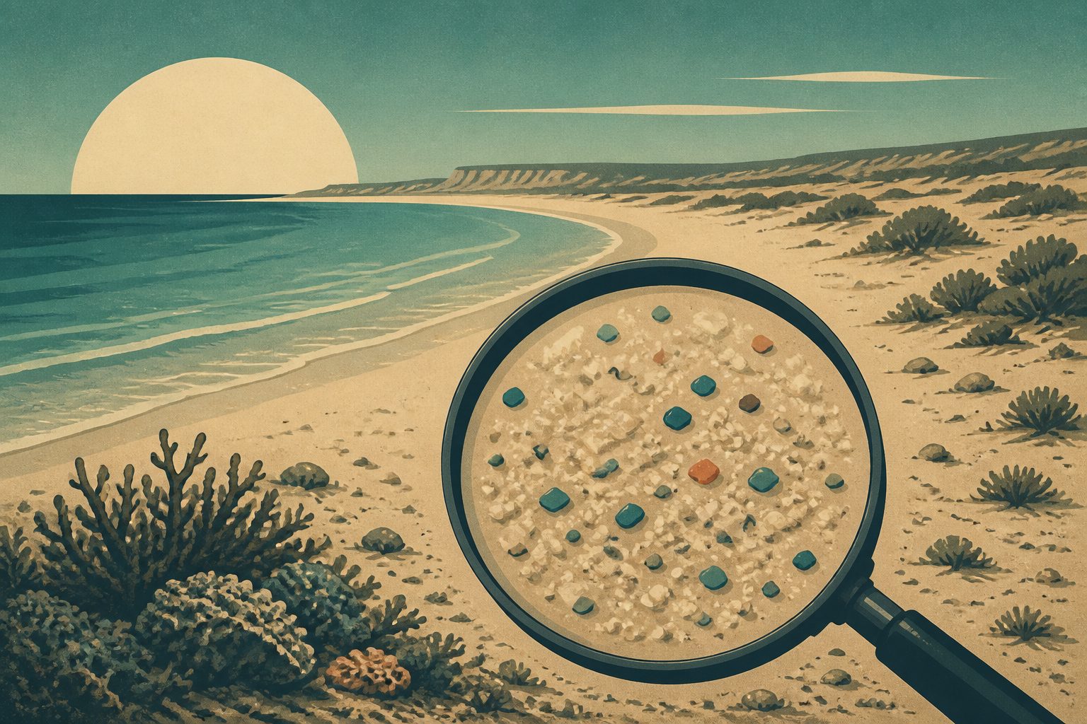 Abstract editorial illustration accompanying the article: Microplastics found across remote beaches in Australia’s Ningaloo Coast