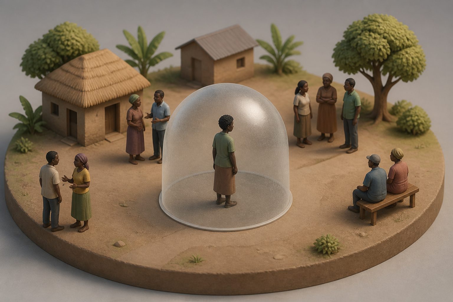 Abstract editorial illustration accompanying the article: Study examines Ebola’s lasting social effects in a Ugandan community