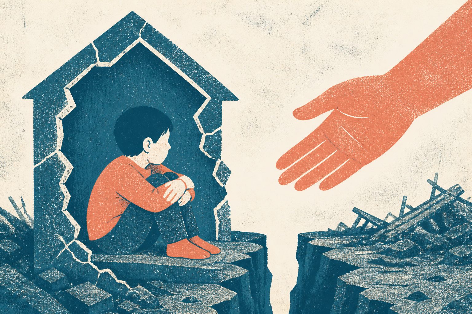 Abstract editorial illustration accompanying the article: For children with autism, earthquake trauma was worsened by gaps in disaster care