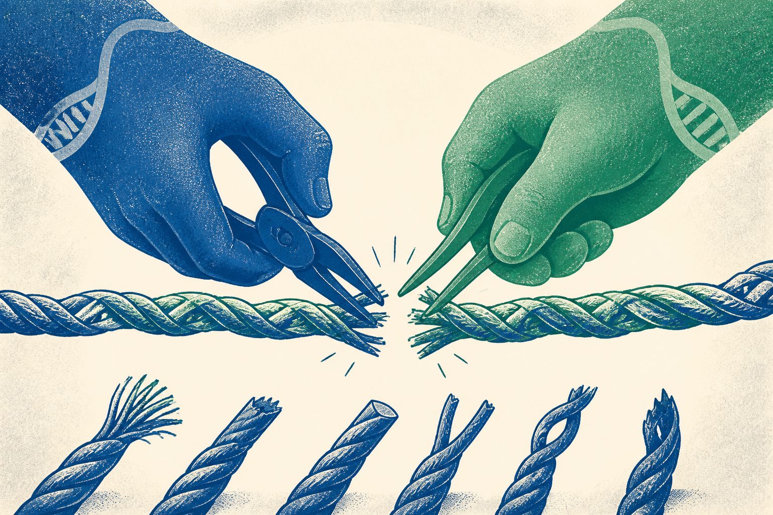 Abstract editorial illustration accompanying the article: Two DNA repair proteins team up to process many kinds of broken ends