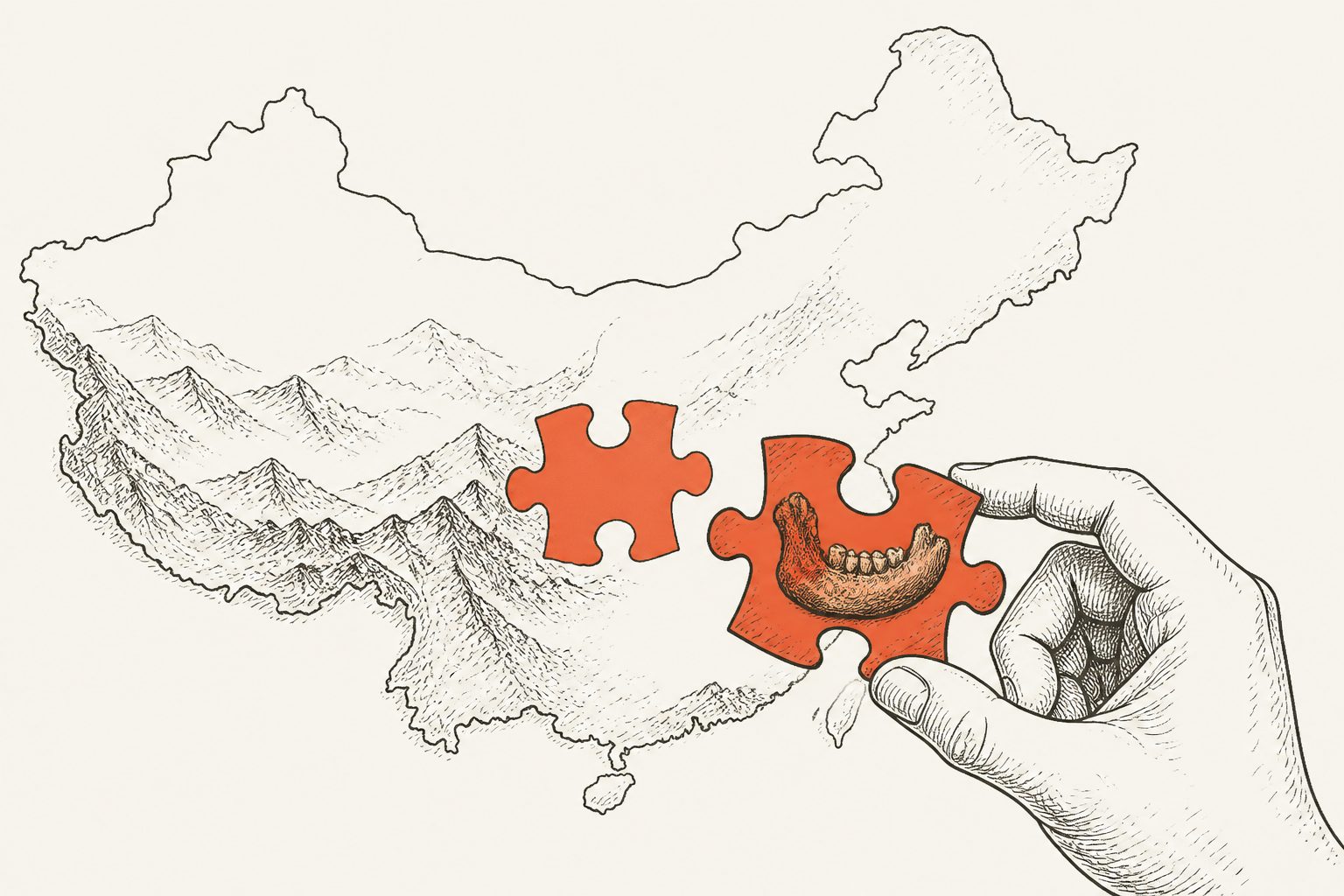 Abstract editorial illustration accompanying the article: Denisovan remains found in Southwest China fill a gap in their known range