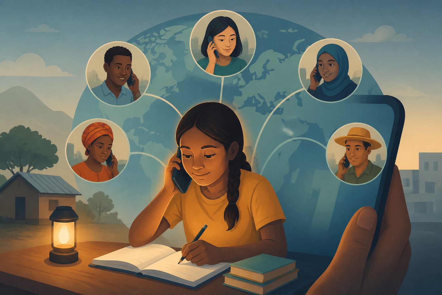 Abstract editorial illustration accompanying the article: Phone-call lessons produced large learning gains during crises in five countries