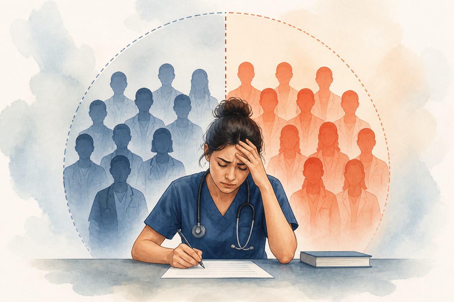 Abstract editorial illustration accompanying the article: Review estimates test anxiety in nearly half of medical students