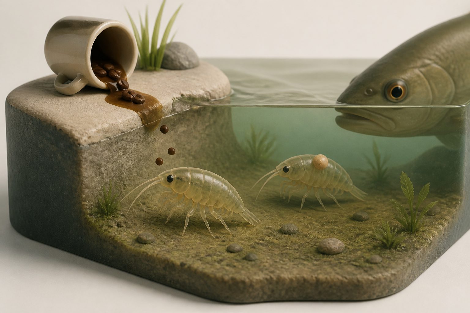 Abstract editorial illustration accompanying the article: Caffeine made freshwater crustaceans less wary, like parasite-infected prey