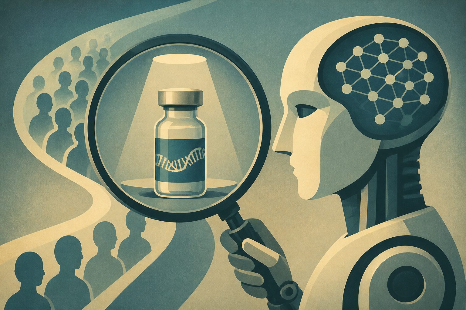 Abstract editorial illustration accompanying the article: Review examines machine learning for mRNA vaccine safety monitoring