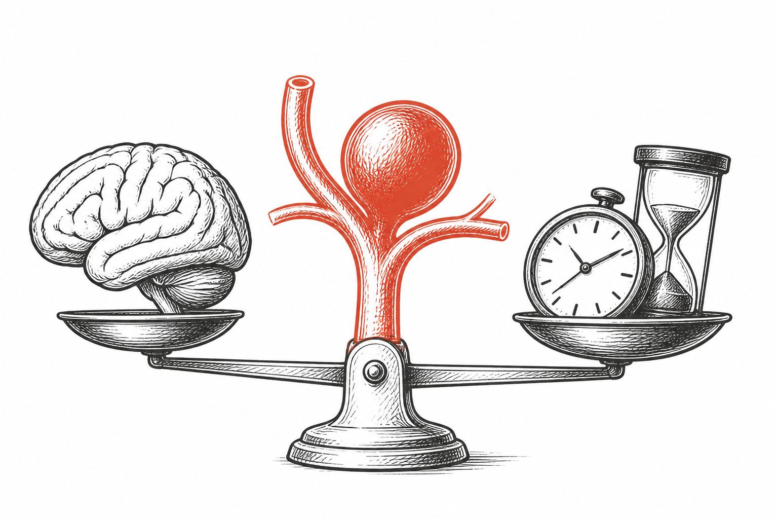 Abstract editorial illustration accompanying the article: Review finds timing of aneurysm repair and recovery remains uncertain