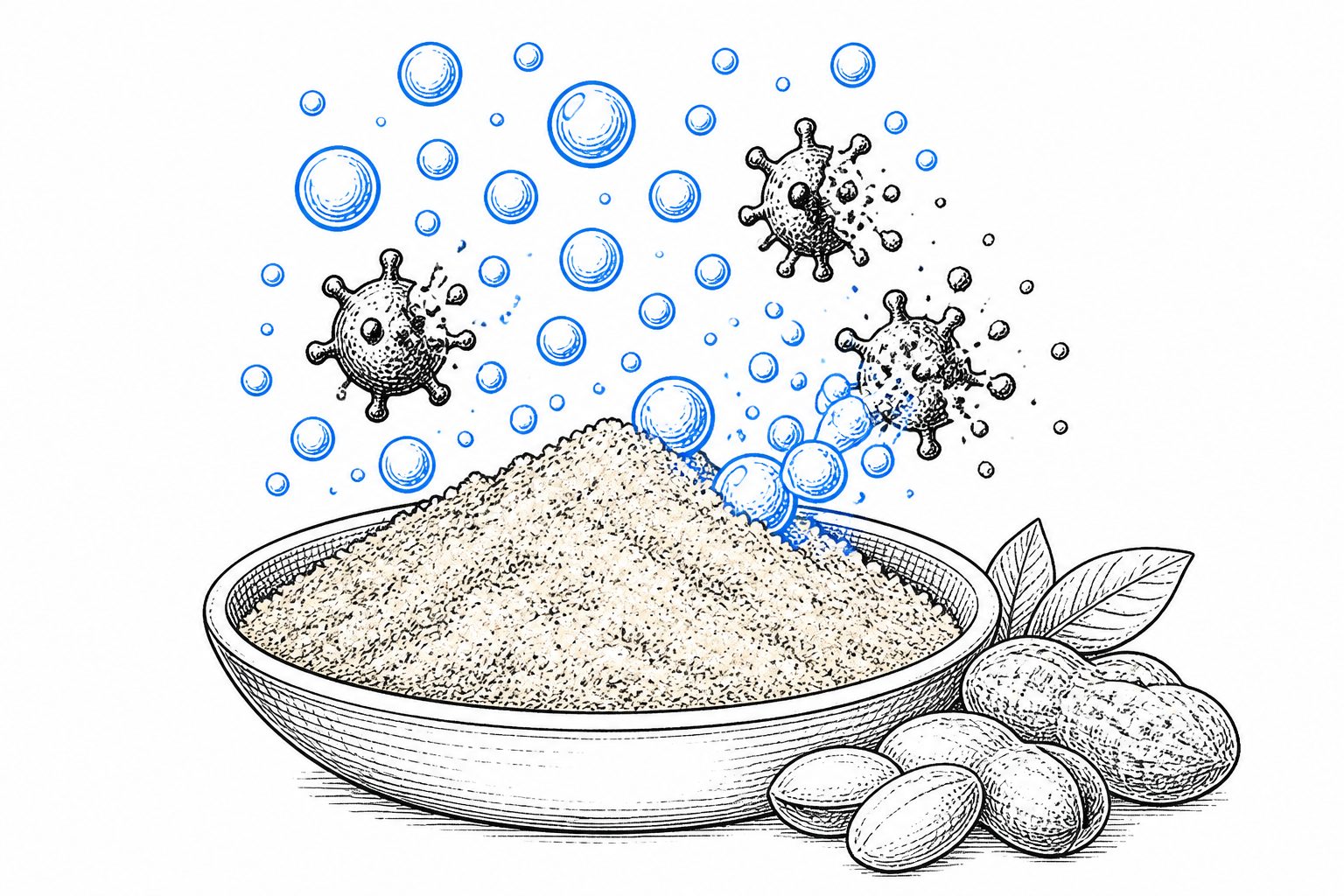 Abstract editorial illustration accompanying the article: Tiny ozone bubbles removed up to 89% of aflatoxins in peanut meal
