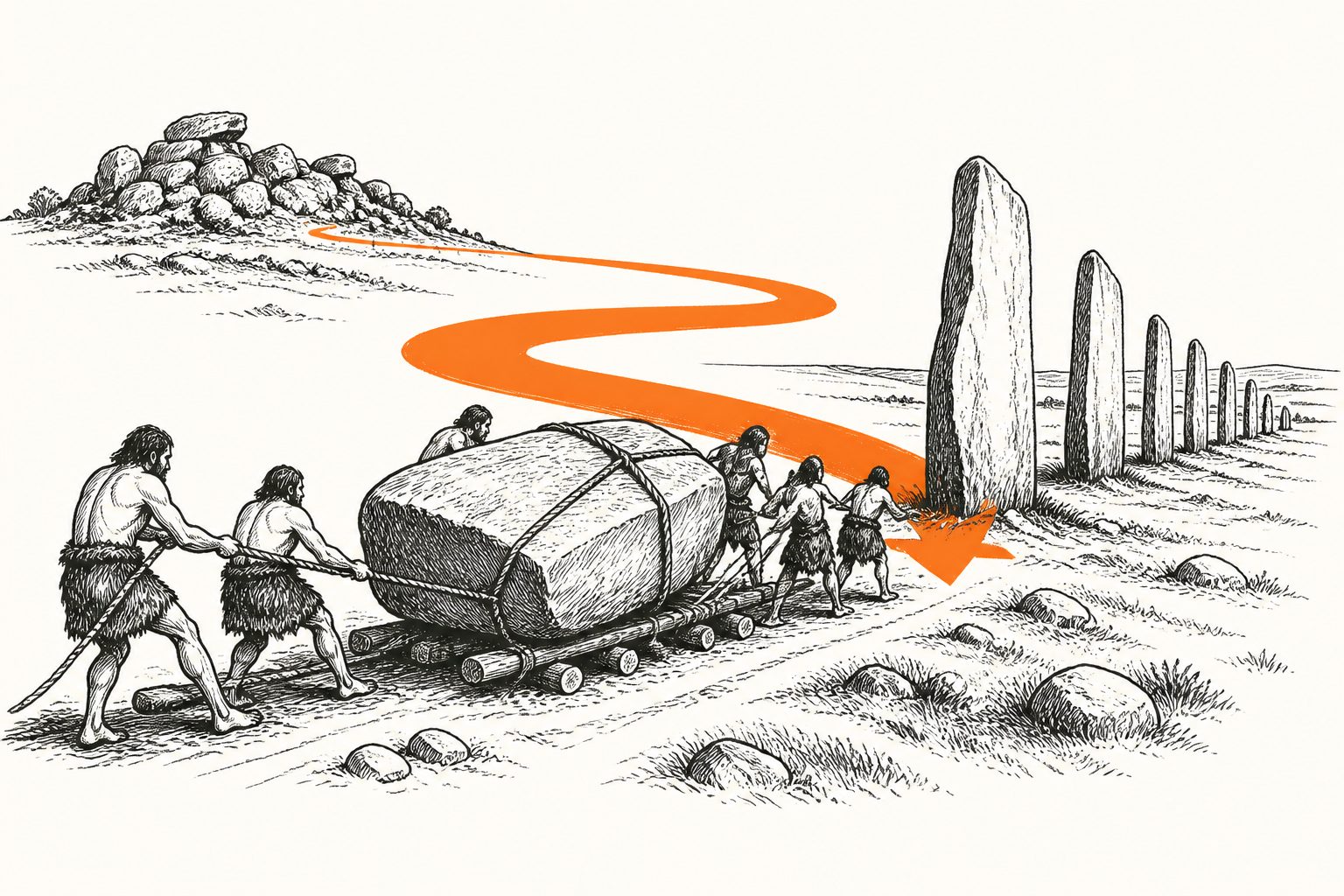 Abstract editorial illustration accompanying the article: Britain’s tallest stone row was built with rocks brought 18 km from Brimham