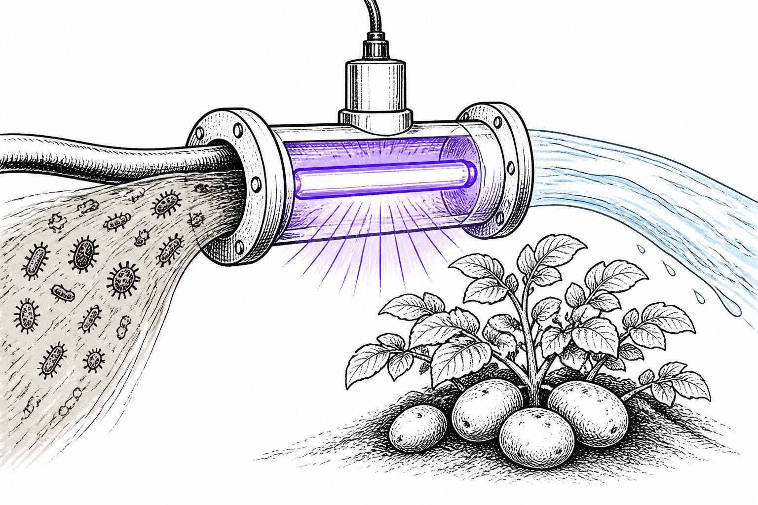 Abstract editorial illustration accompanying the article: Ultraviolet treatment cut potato pathogens in irrigation water by 99.99%