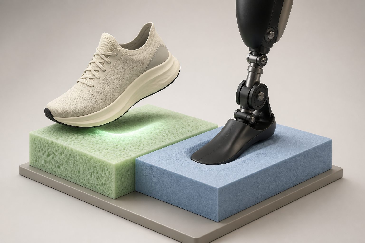 Abstract editorial illustration accompanying the article: Racing-shoe foams return energy efficiently but differ in stiffness