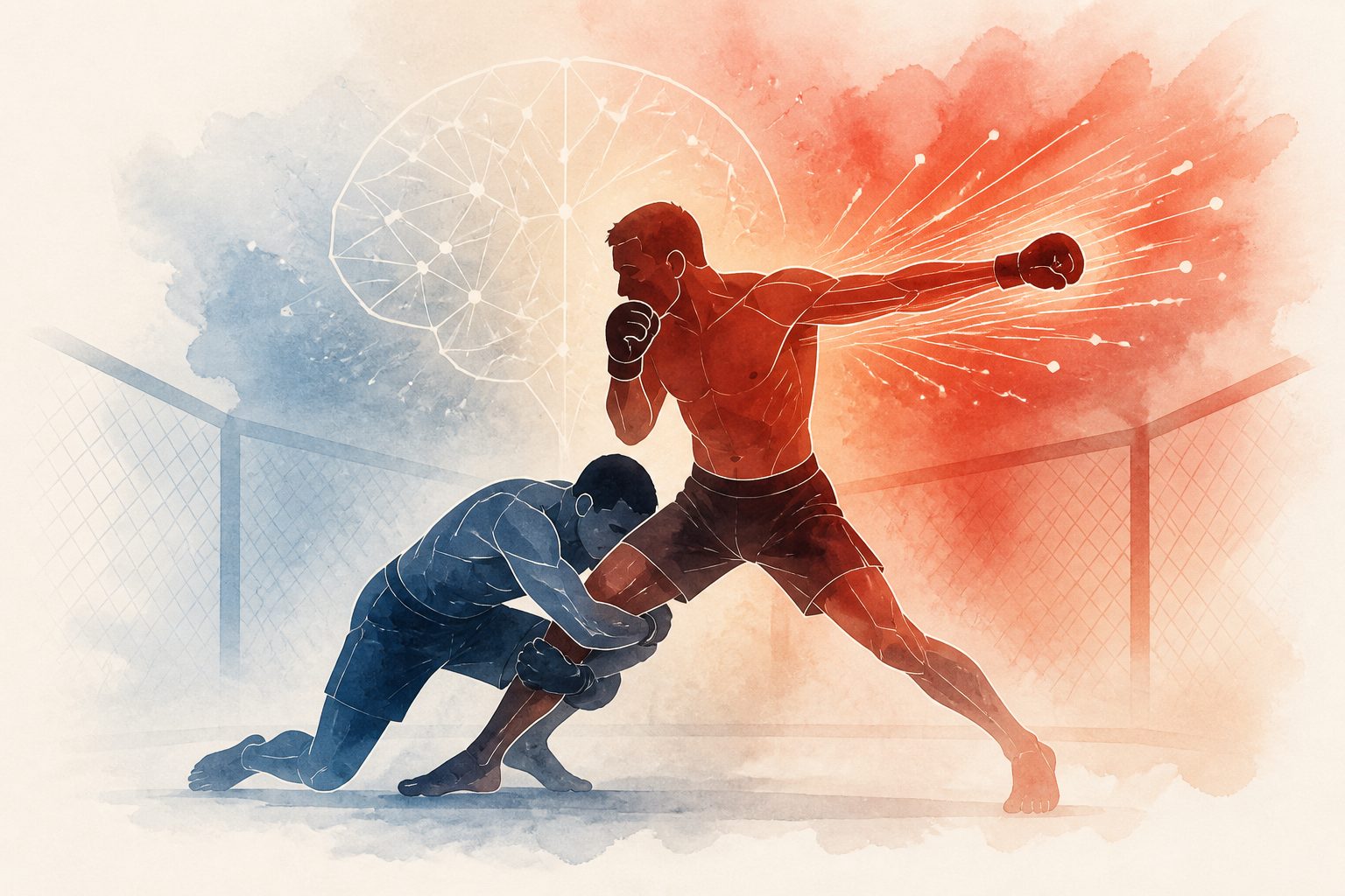 Abstract editorial illustration accompanying the article: UFC wins are increasingly tied to striking, while grappling still matters
