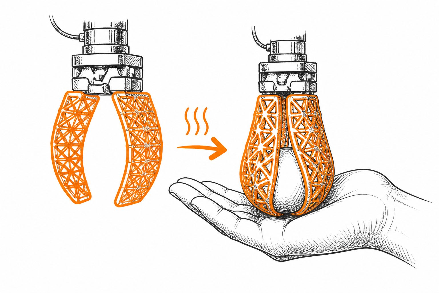 Abstract editorial illustration accompanying the article: A 3D-printed plastic gripper changes shape near body temperature