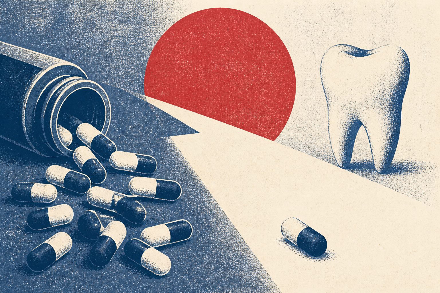 Abstract editorial illustration accompanying the article: New analysis finds fewer broad antibiotics after tooth-extraction guidelines in Japan