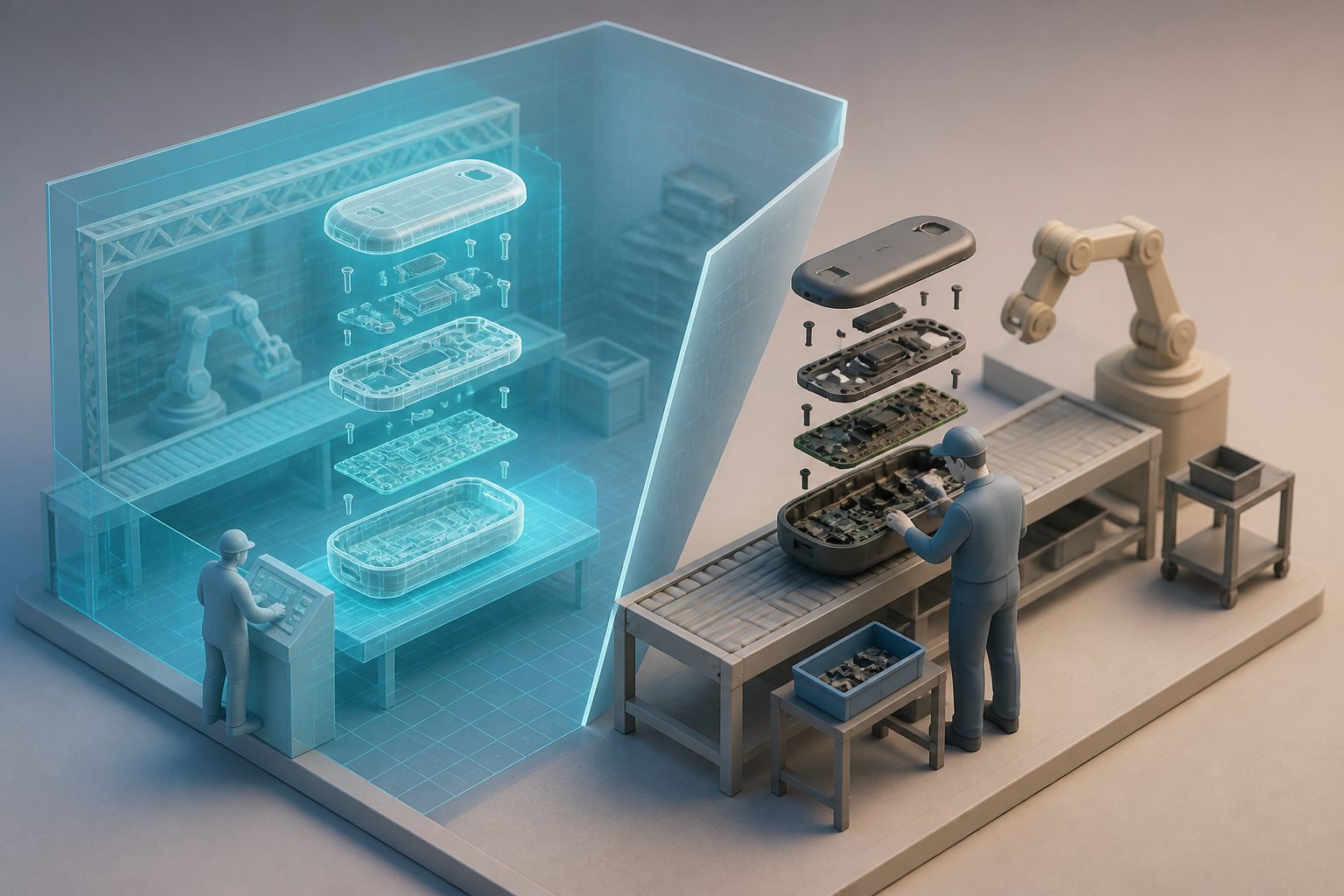 Abstract editorial illustration accompanying the article: A virtual factory model cut modeled product-disassembly time by 78%