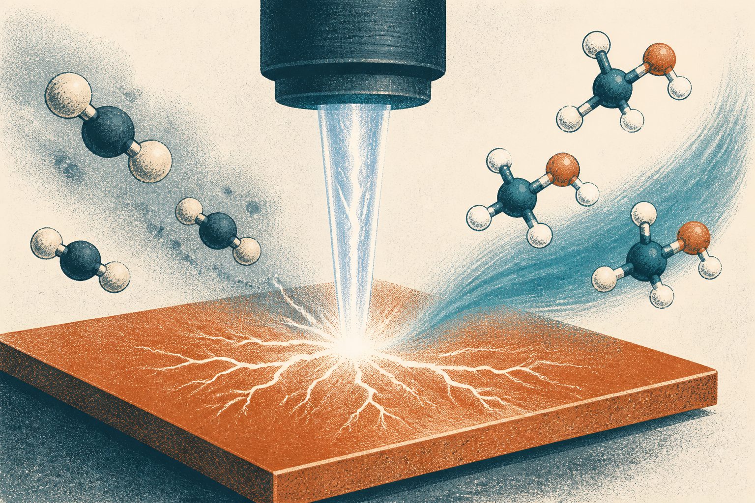 Abstract editorial illustration accompanying the article: A plasma-treated copper surface made acetic acid, ethanol and propanol from carbon dioxide