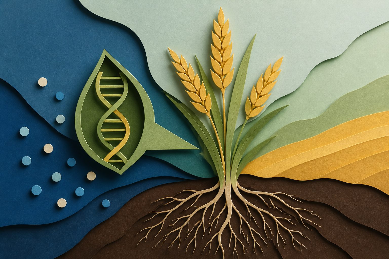 Abstract editorial illustration accompanying the article: A wheat gene variant raises nitrogen efficiency and grain yield