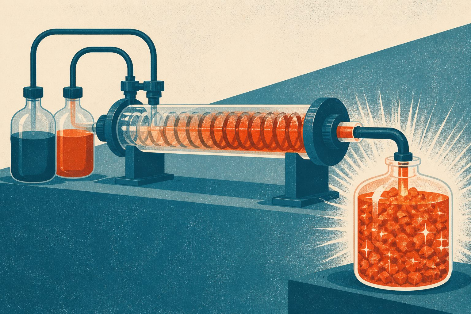 Abstract editorial illustration accompanying the article: A continuous reactor makes brighter perovskite nanocrystals at liter scale